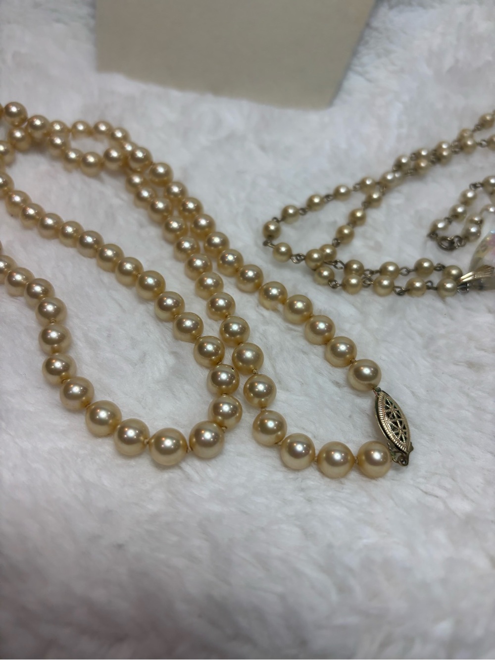 Champagne pearl necklace set incl teardrop Aurora Borealis crystal pendant - Picture 3 of 4